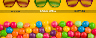 Fun glasses and the words Wisdom, Social media and Skittles laid out on the page